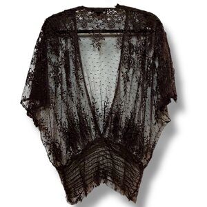 Y2K Karen Kane Black Sheer Lace Kimono Top Draped Deep VNeck Blouse Ruched Waist